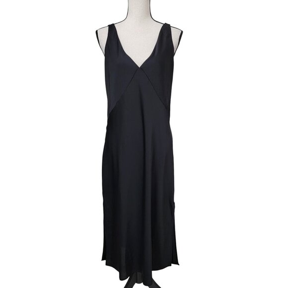 a new day Size M Black Slip Dress, V Neck, Silky Polyester, Maxi Length, EUC - Picture 1 of 13